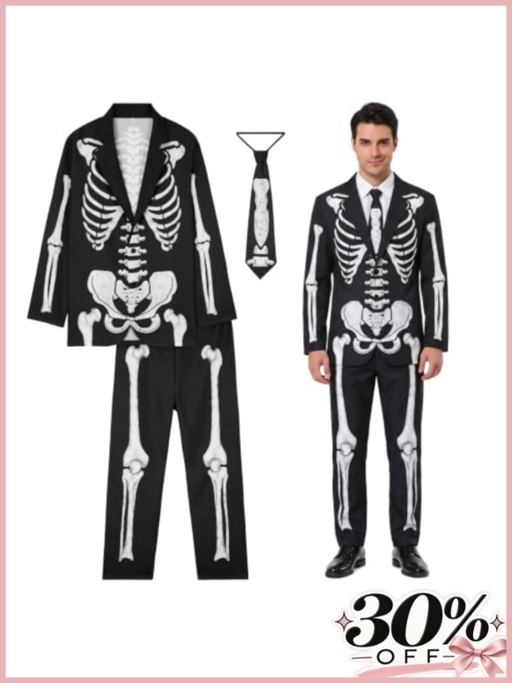 Skeleton 3-Piece Halloween Costume Suit Jacket Pants Tie